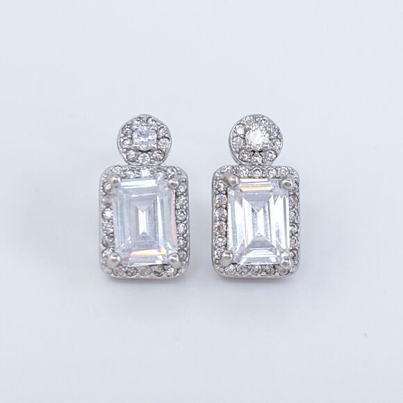 Vintage Sterling Silver 925 Cubic Zirconia Halo Drop Earrings - Picture 2 of 6